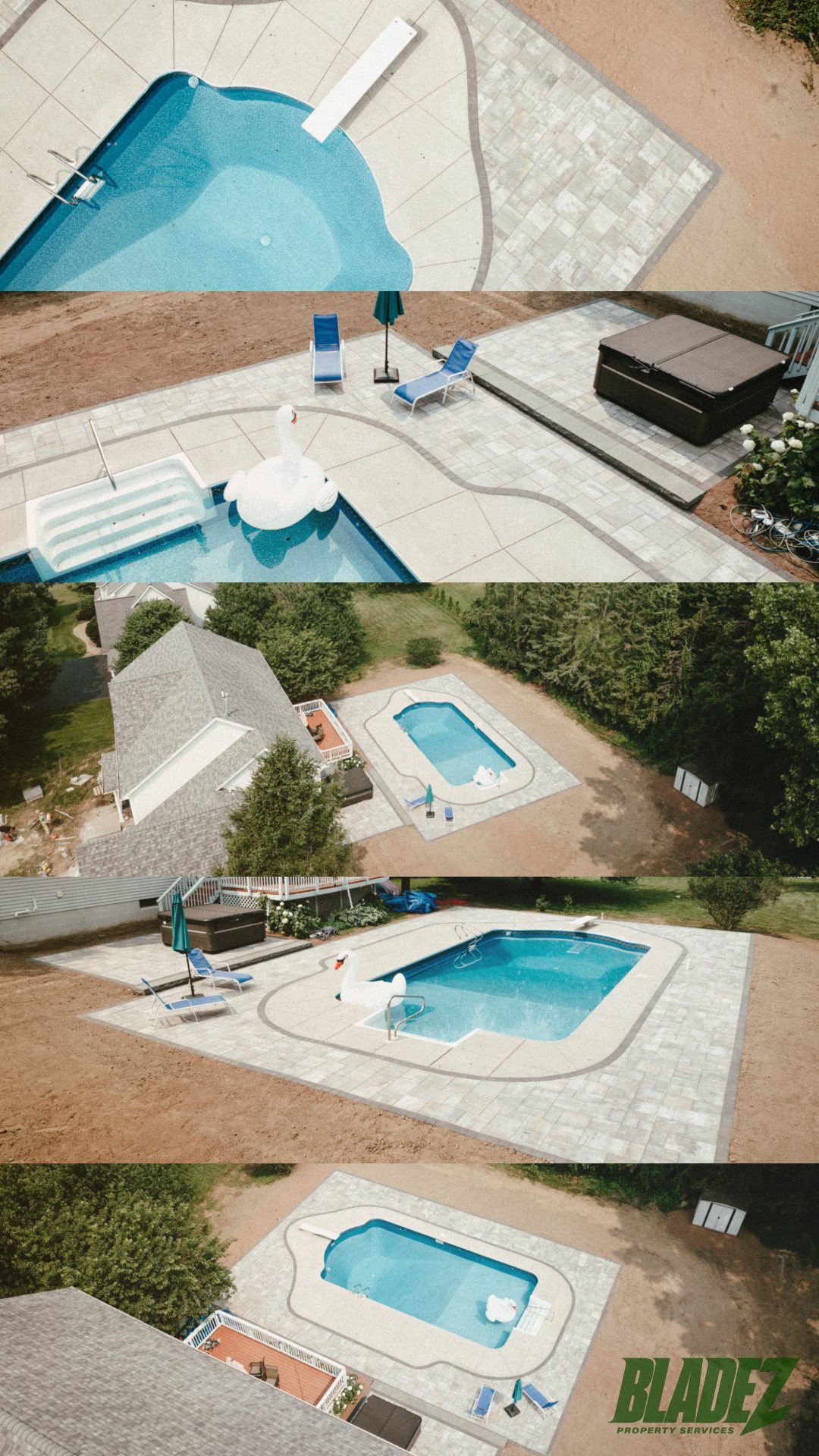 Aerial collage of a finished pool and paver patio
